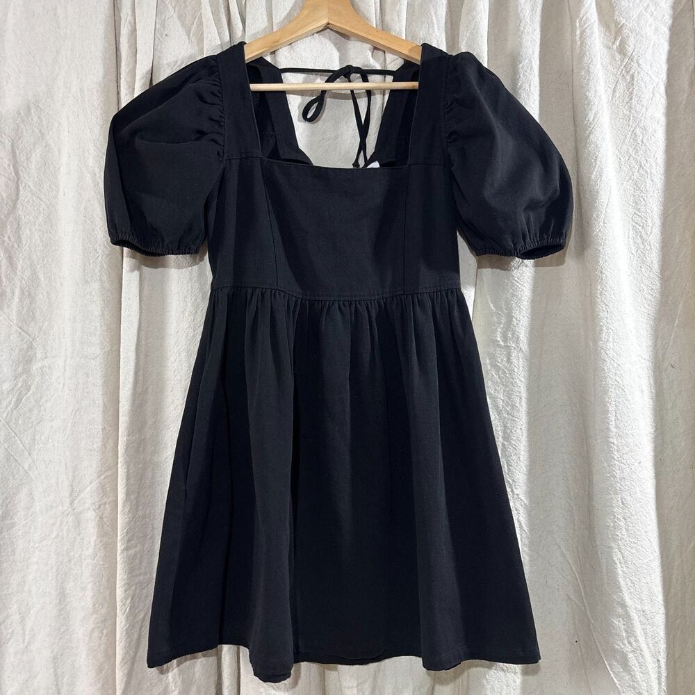Black Cotton Puff Sleeve Babydoll Mini Dress Tie Back S